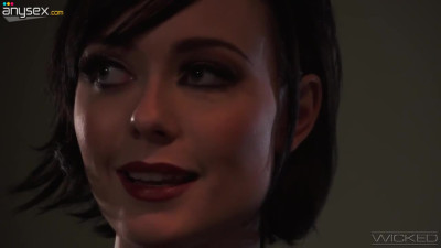 Cum-thirsty bitch in latex gives a deepthroat blowjob standing on knees