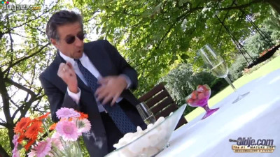 Old beau fucks young and sexy student in the garden