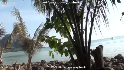 Slim voracious girlie gets nailed from behind by BF right on rock beach