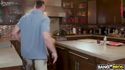 Bare assed housewife Nicole Aniston seduces trainer of her son and fucks him in the kitchen