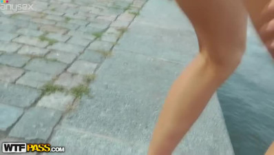 Ruined Russian hussy demonstrates her small tits right on the street