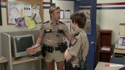 Naughty chick in police uniform hooks up with her partner right on the table