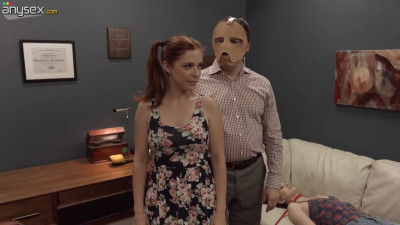 Kinky perve in mask tied yp two pretty hot teens and wants to punish their holes