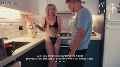 Bitch of a stepmom wants her stepson's cock in the kitchen.
