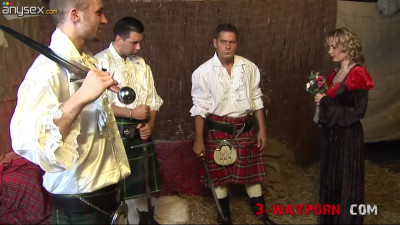 Guys in kilts staged a rough gangbang with a blonde